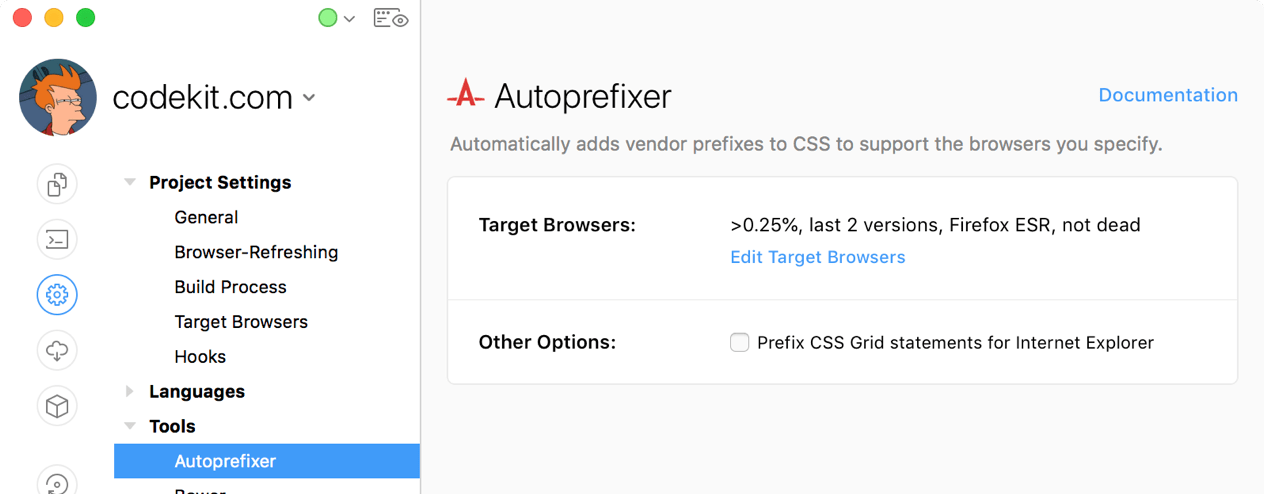 A screenshot of the Autoprefixer settings category of Project Settings in the CodeKit window.