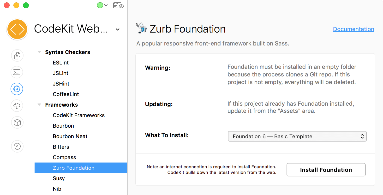 a screenshot of the Zurb Foundation category of Project Settings in CodeKit