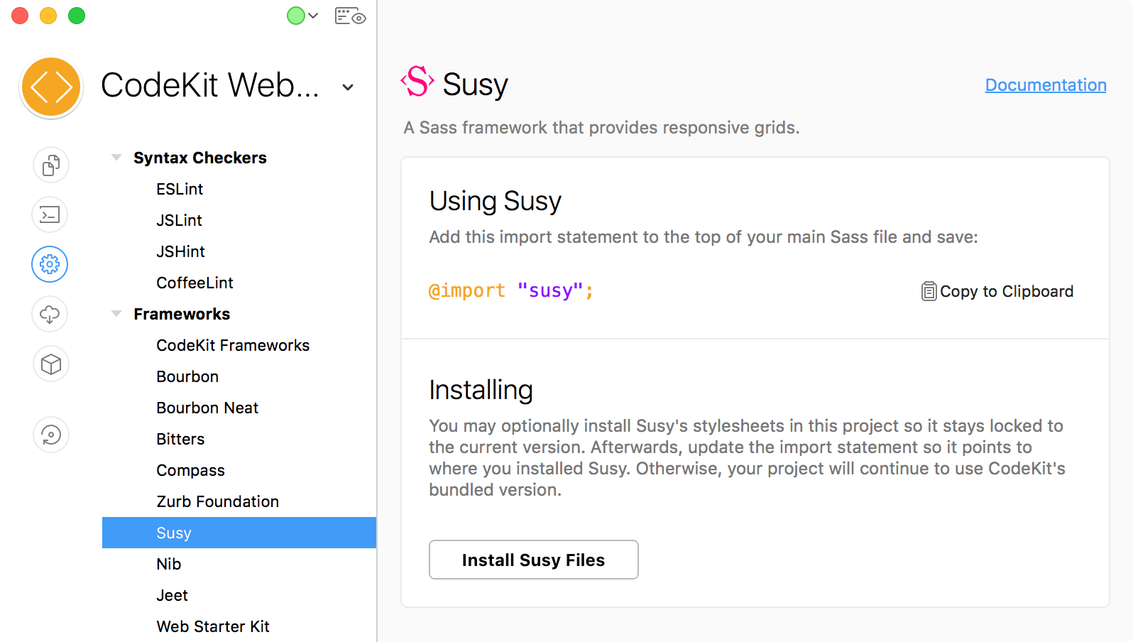 a screenshot of the Susy category of Project Settings in the CodeKit window
