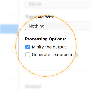 a screenshot of the minify output checkbox in the file inspector pane in CodeKit