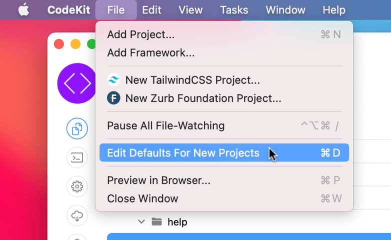 A screenshot of the menu command to edit defaults for new projects in CodeKit