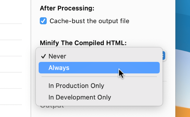 a screenshot of the HTML-minifier checkbox in the file inspector pane in CodeKit