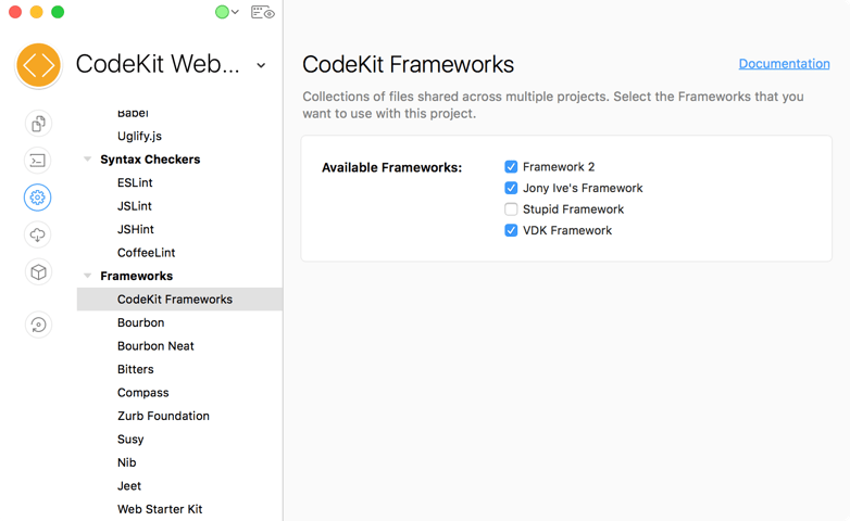 A screenshot of the CodeKit Frameworks category in the project settings area of the CodeKit window