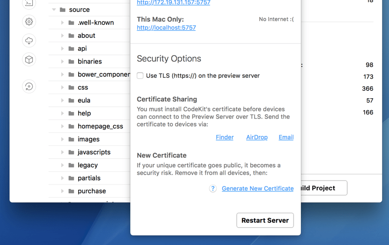 A screenshot of the Server Popover in CodeKit 3 showing options for sharing TLS Certificates.