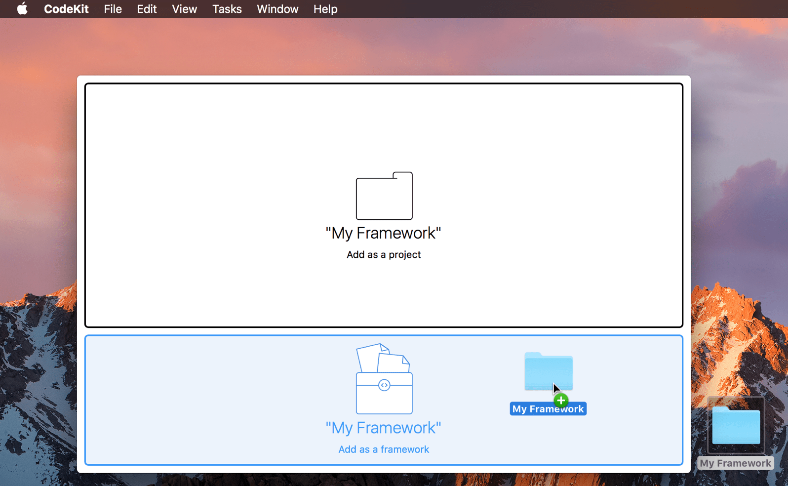 A screenshot of dropping a framework folder on the CodeKit window