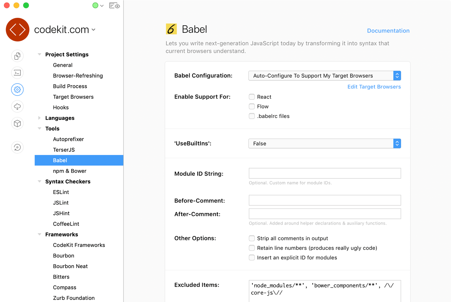 a screenshot of the babel category of project settings in the CodeKit window
