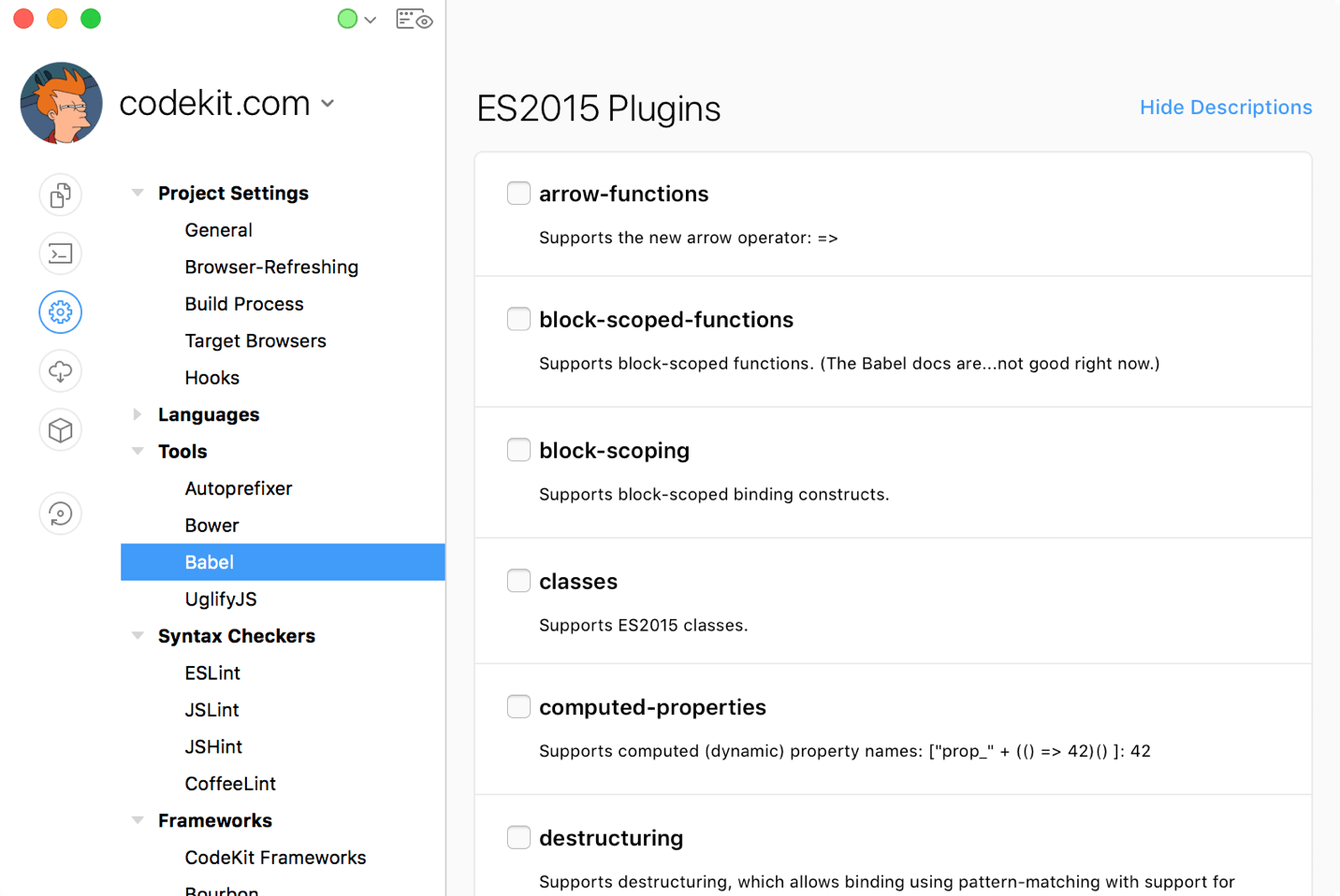 a screenshot of the individual plugin options in the codekit window