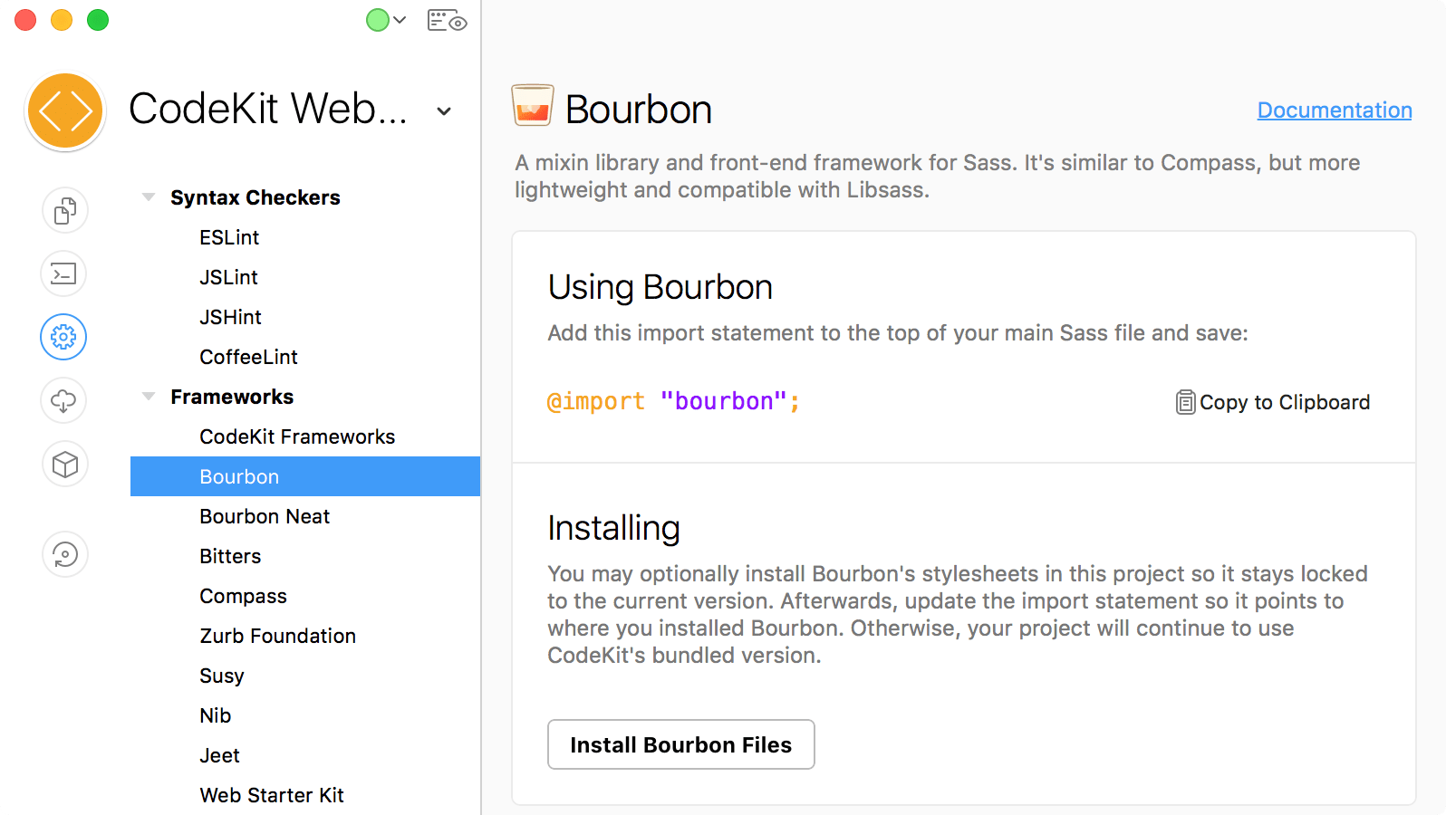 a screenshot of the Bourbon category of Project Settings in the CodeKit window