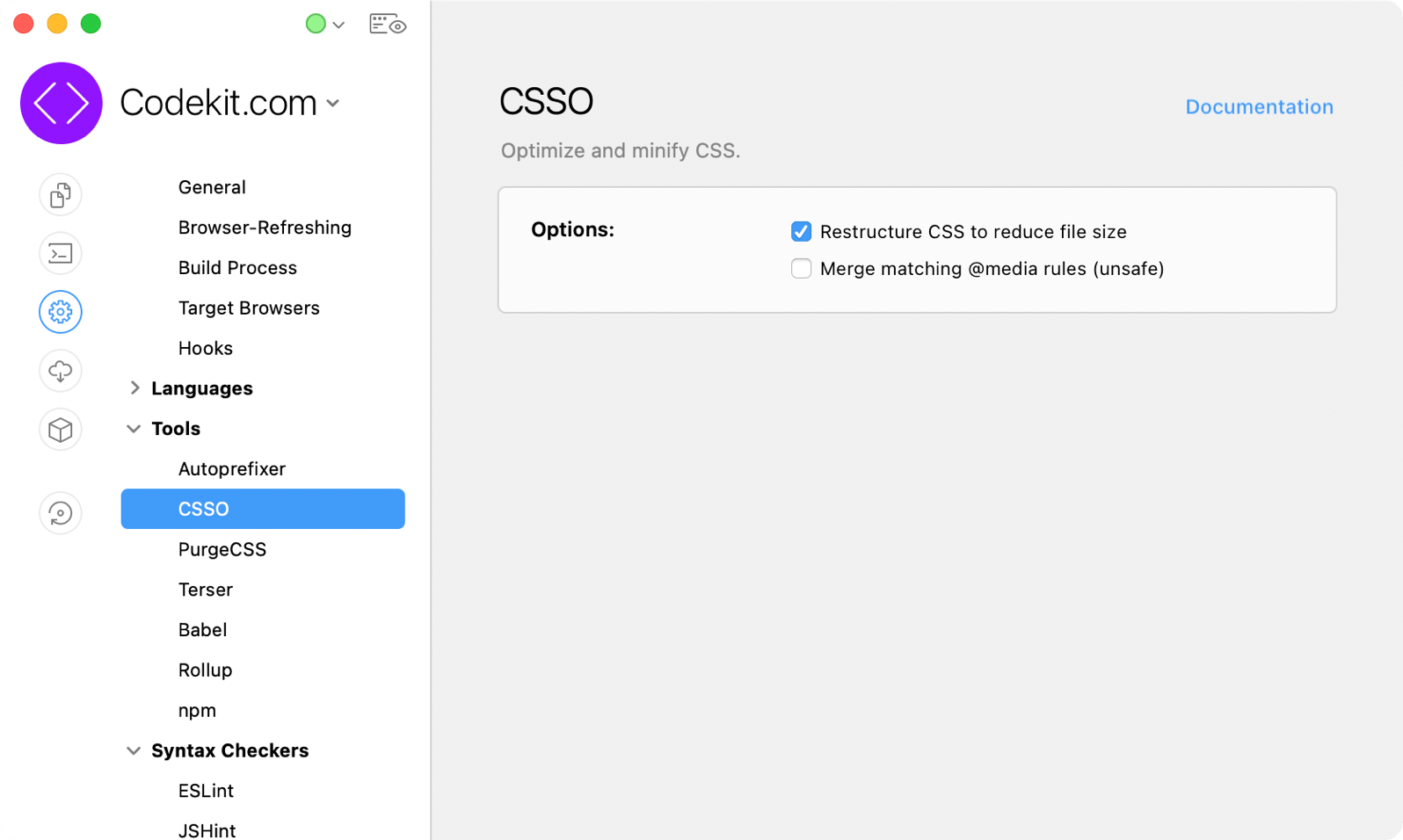 A screenshot of the CSSO Project Settings area in the CodeKit window.