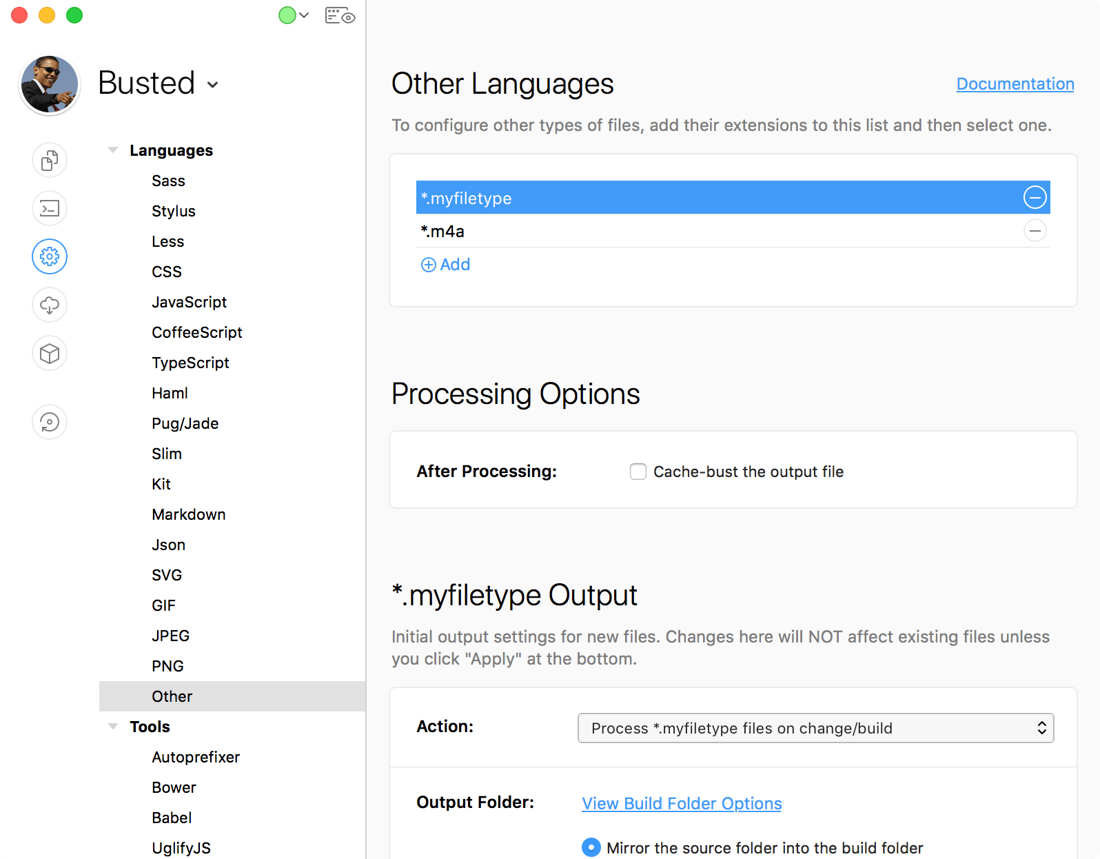 A screenshot of the custom languages settings in the CodeKit window