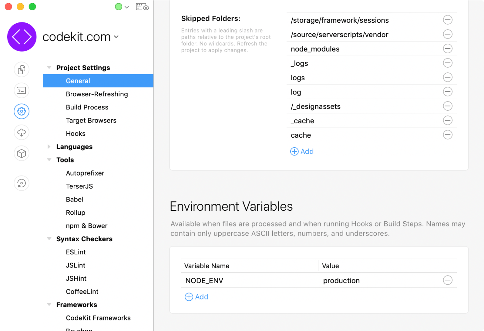 a screenshot of the environment variables settings area in the CodeKit application window.