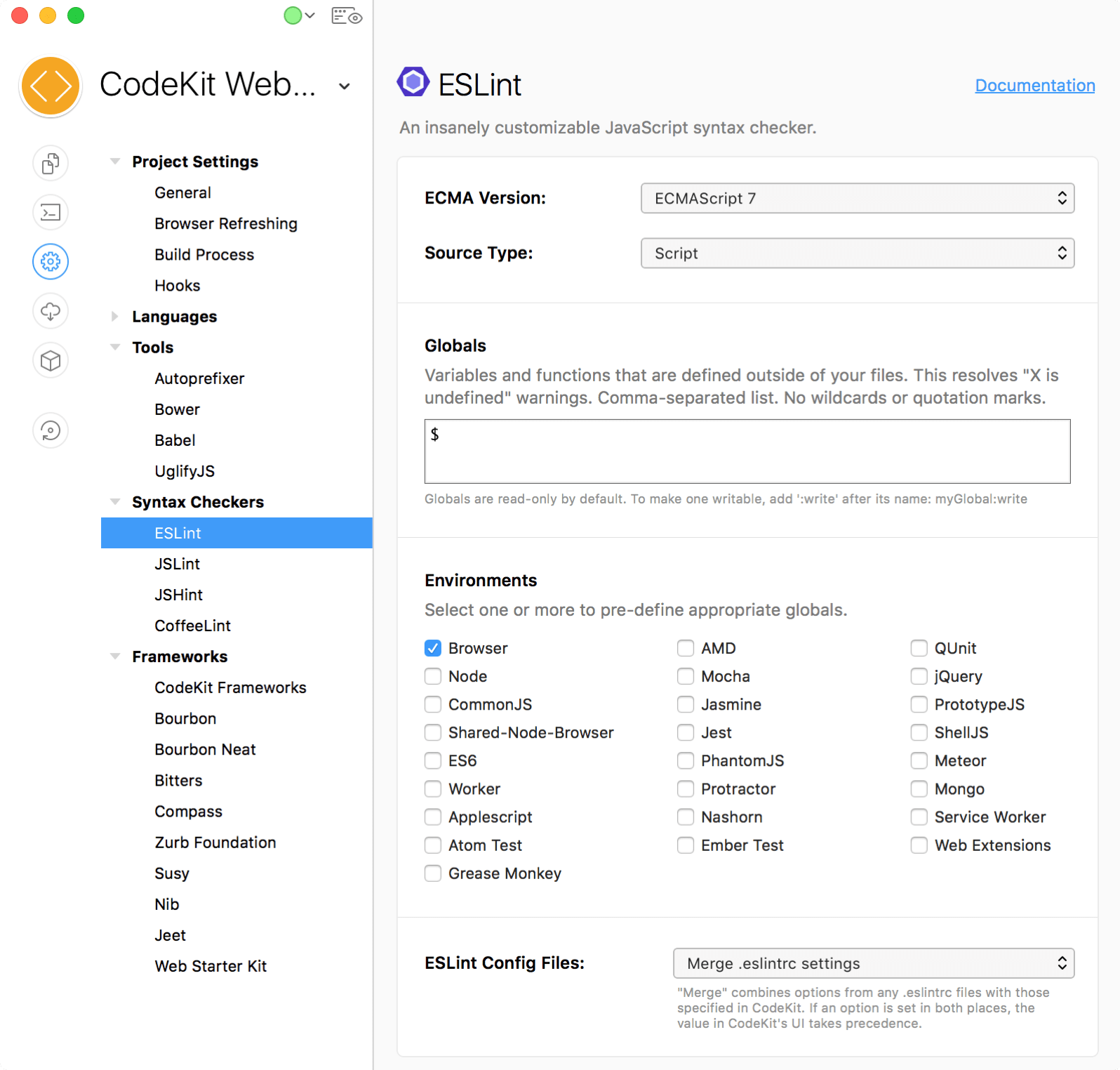 A screenshot of the ESLint category in Project Settings in CodeKit
