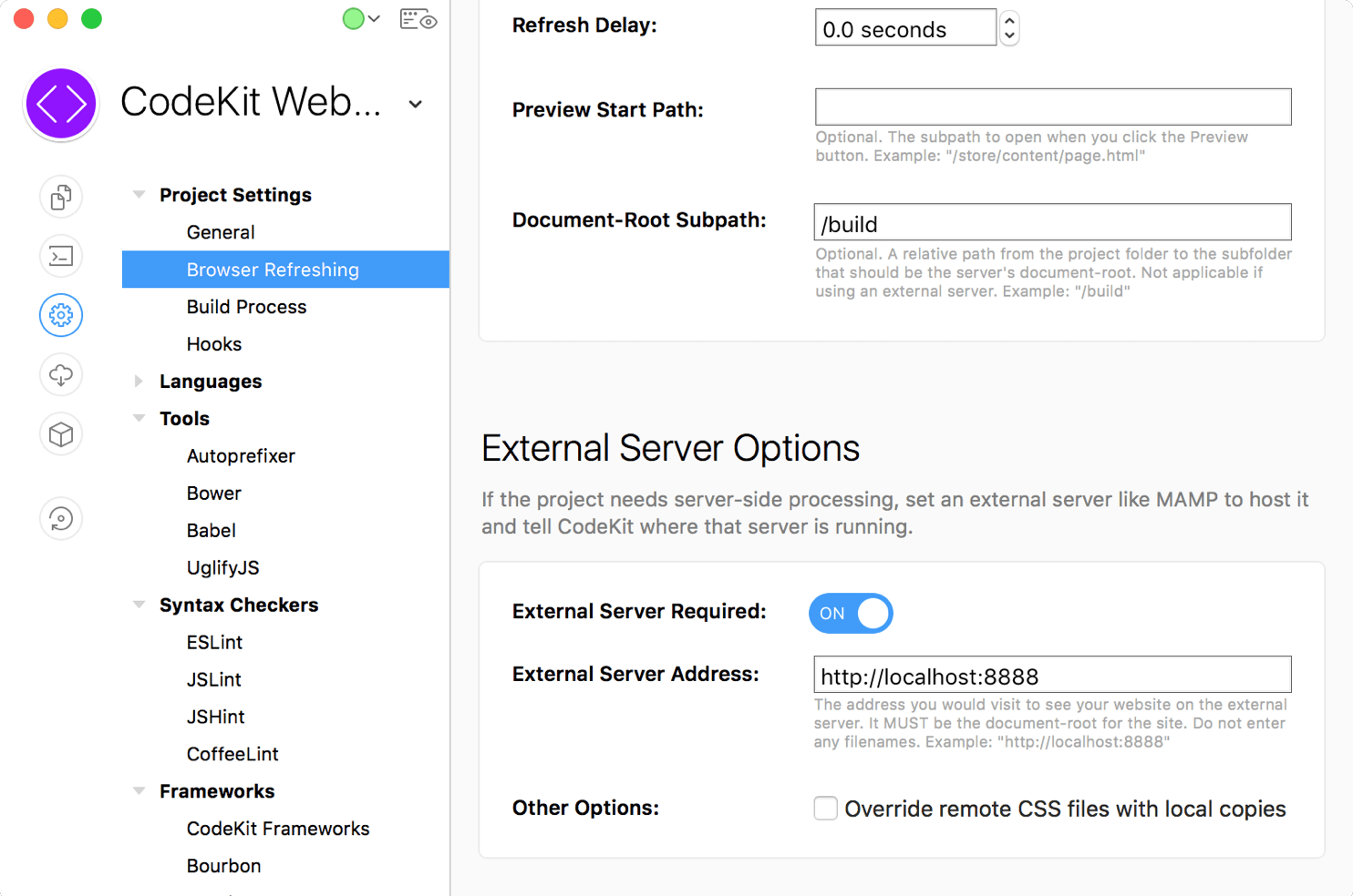 A screenshot of the Browser Refreshing category of Project Settings in the CodeKit window.