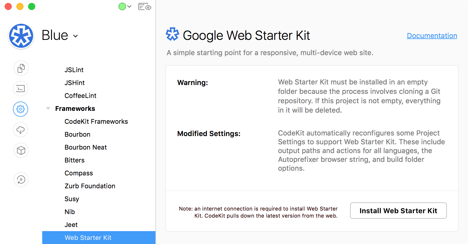 a screenshot of the Google Web Starter Kit category of Project Settings in CodeKit