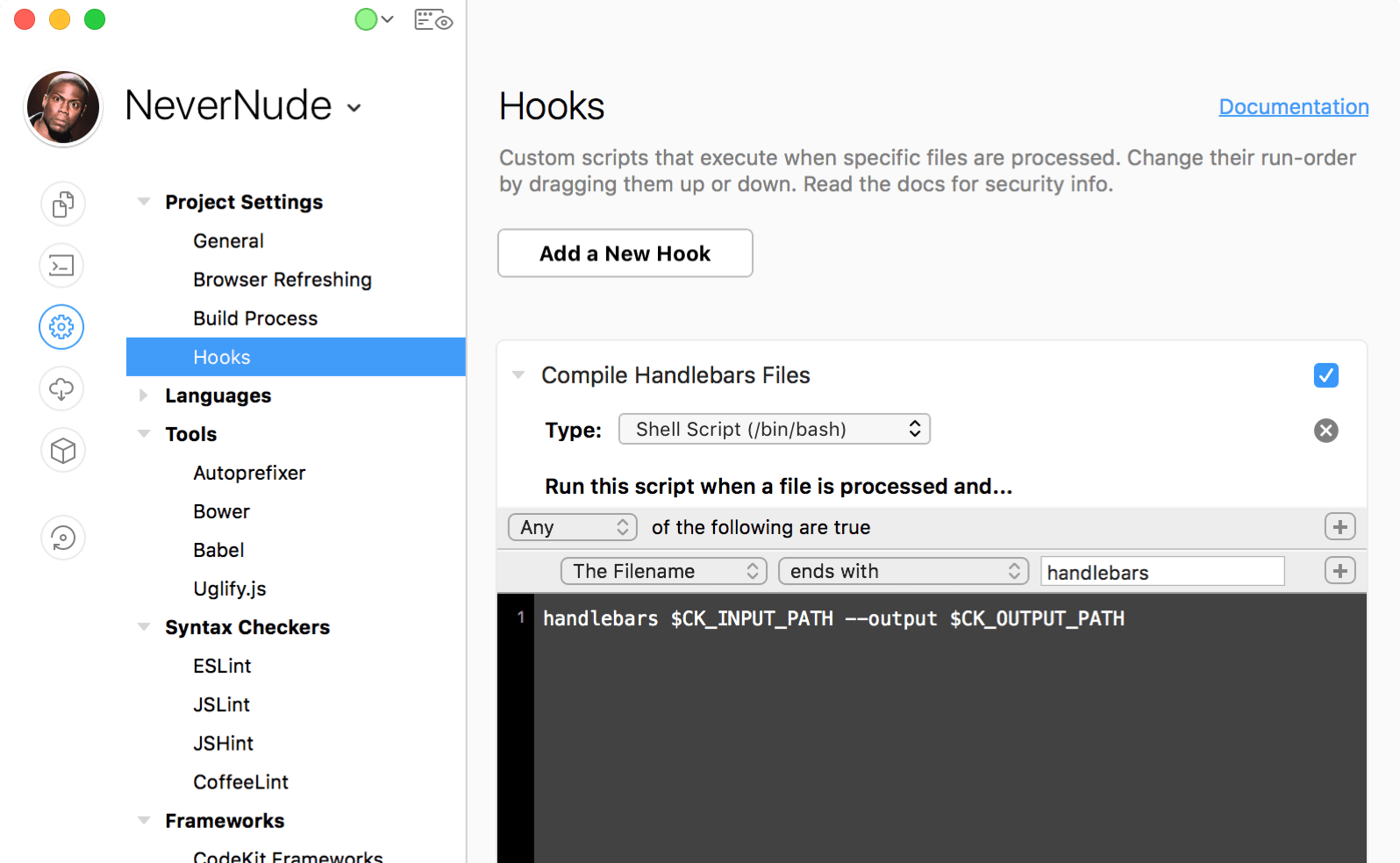 The Hooks category of Project Settings in the CodeKit window