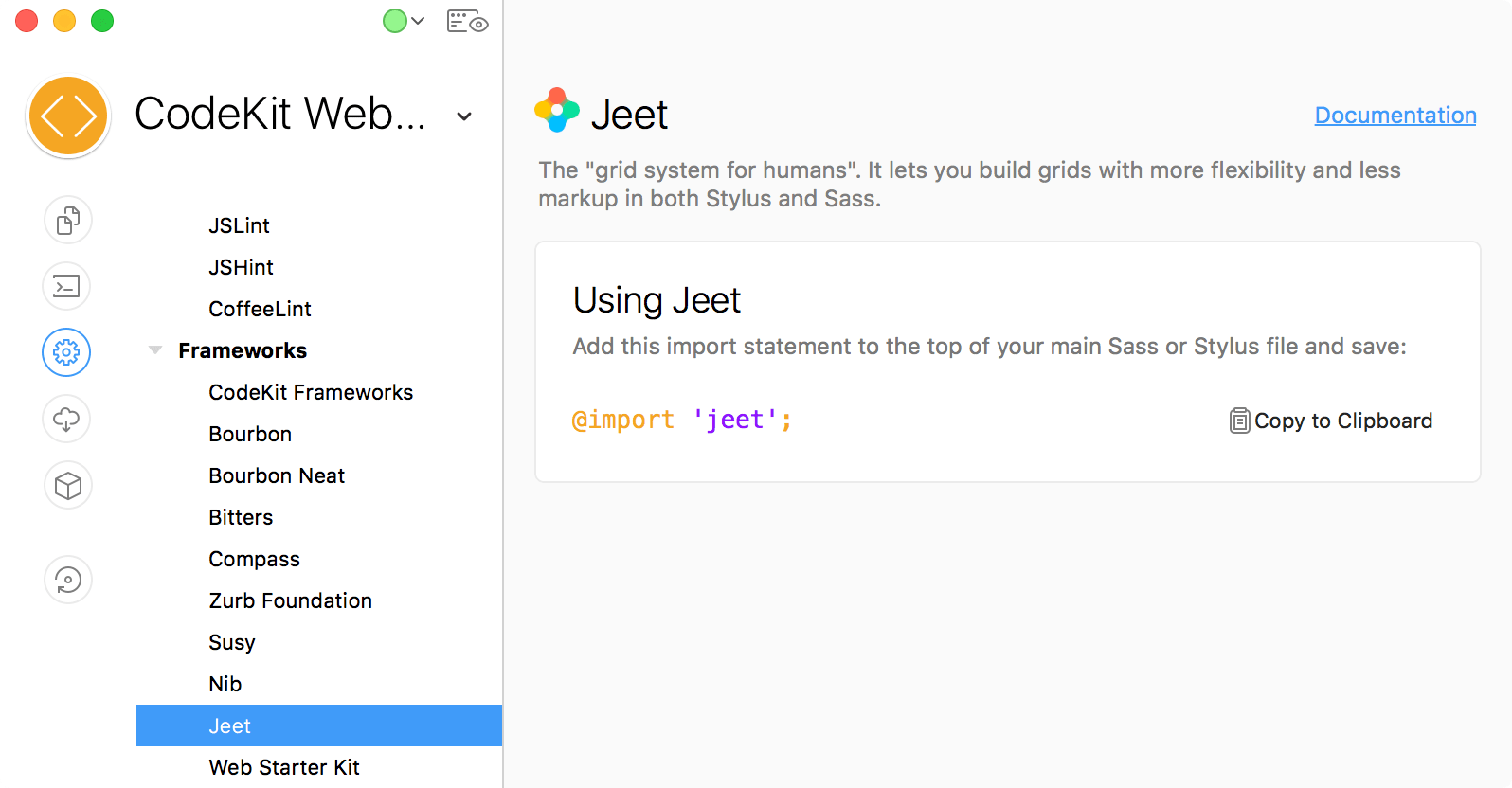 a screenshot of the Jeet category of Project Settings in the CodeKit window