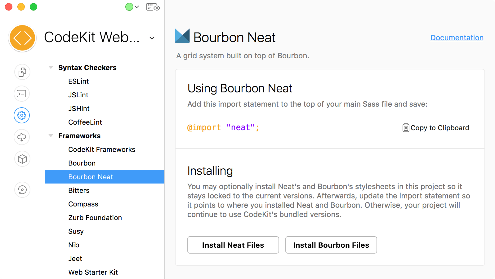 a screenshot of the Bourbon Neat category of Project Settings in the CodeKit window