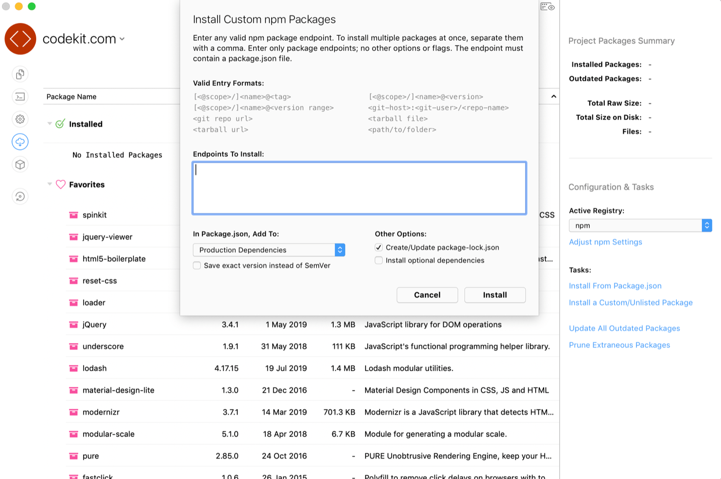 A screenshot of the sheet to install a custom npm or bower package in CodeKit.