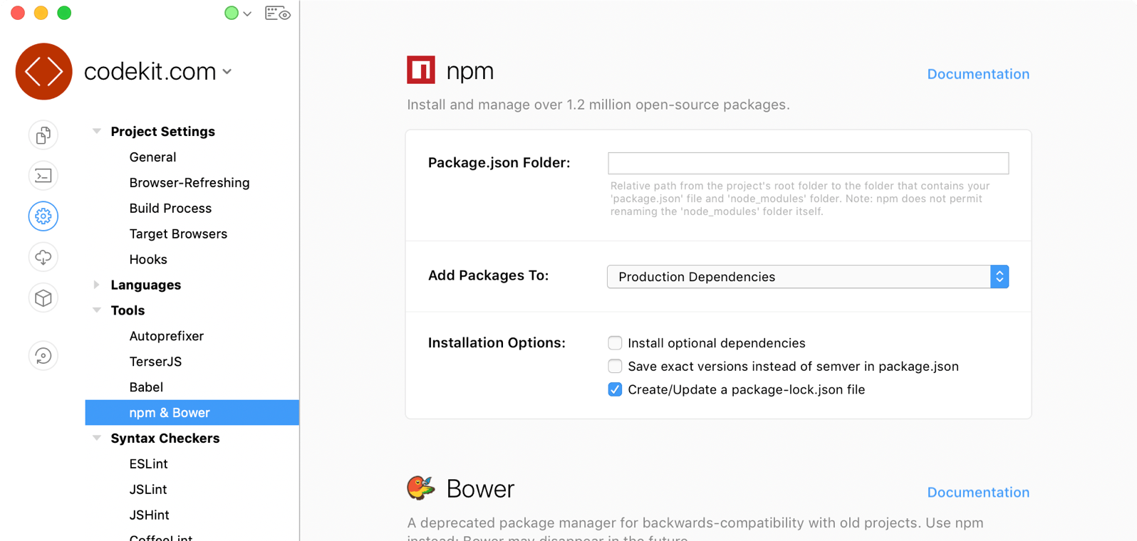 A screenshot of the npm and Bower project settings in the CodeKit window