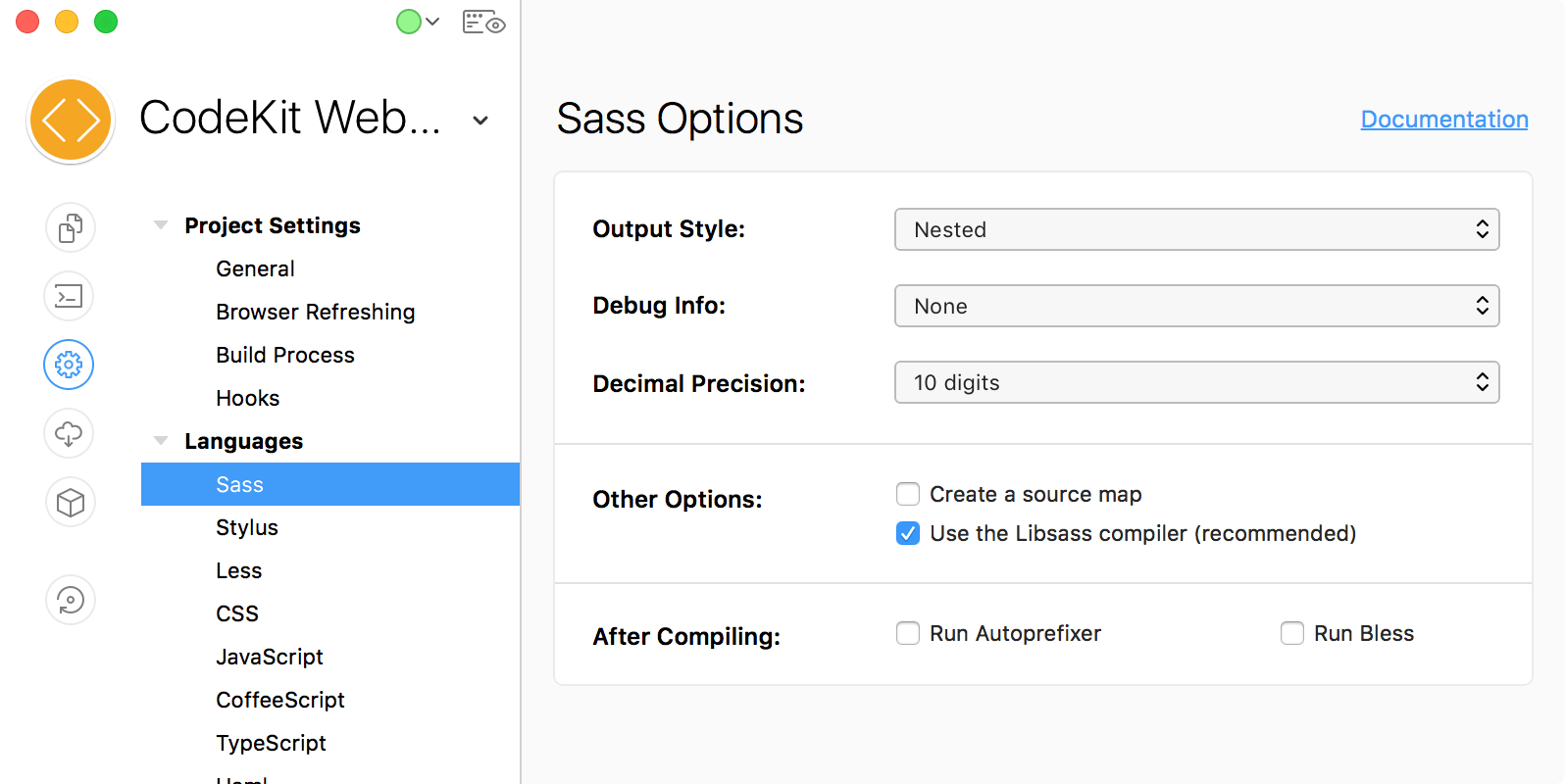 A screenshot of the project settings area in the CodeKit window.