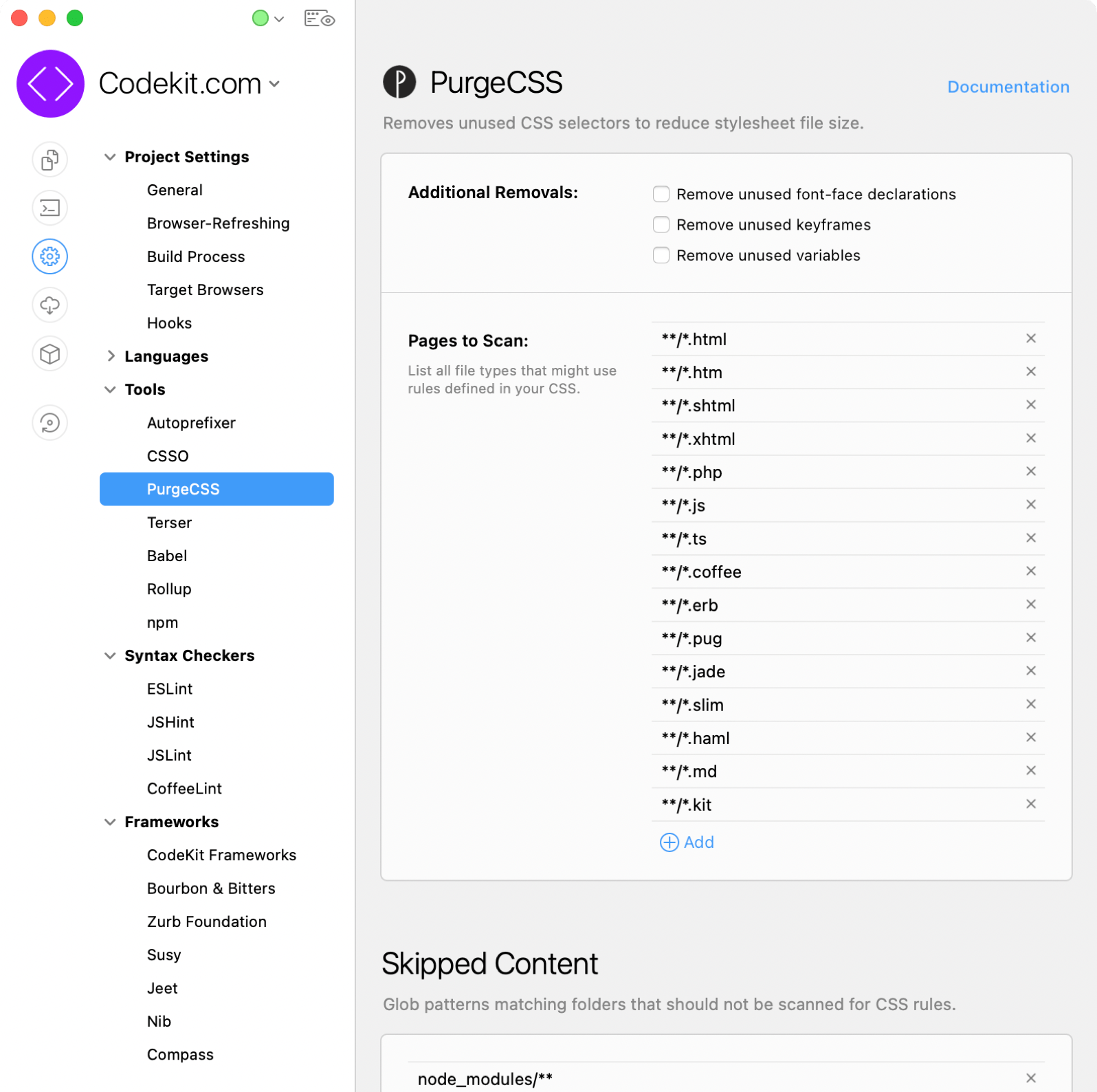 A screenshot of the PurgeCSS settings category of Project Settings in the CodeKit window.