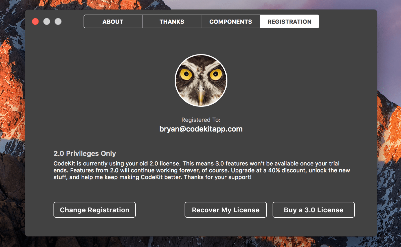 A screenshot of the registration window in CodeKit showing a 2.0 license registered