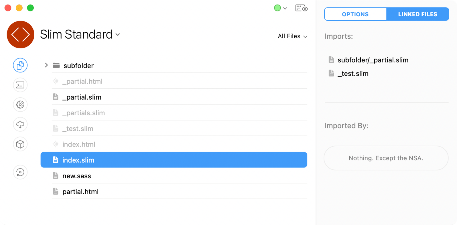 a screenshot of the linked files pane of the slim file inspector in the codekit window