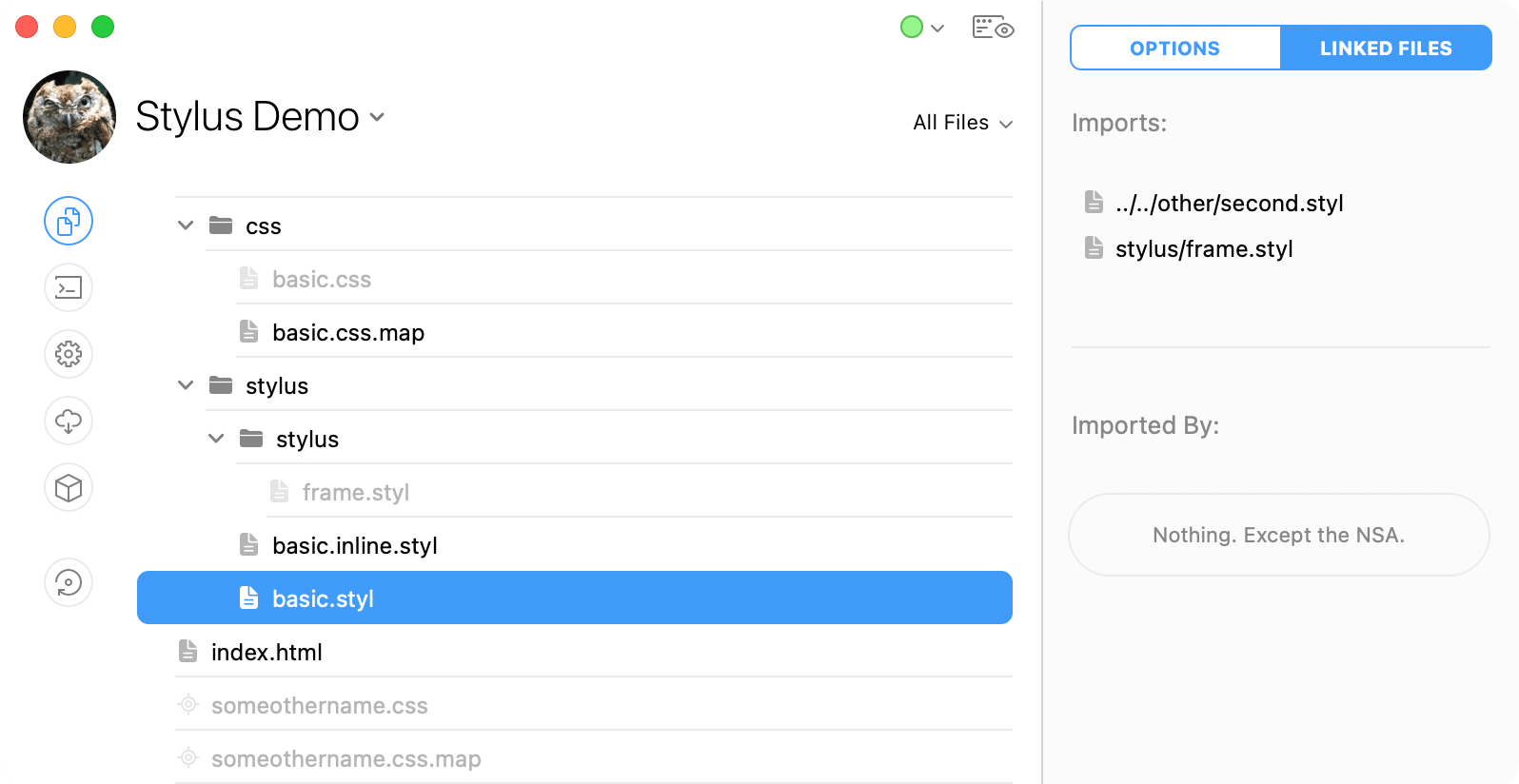 a screenshot of the linked files pane of the stylus file inspector in the codekit window