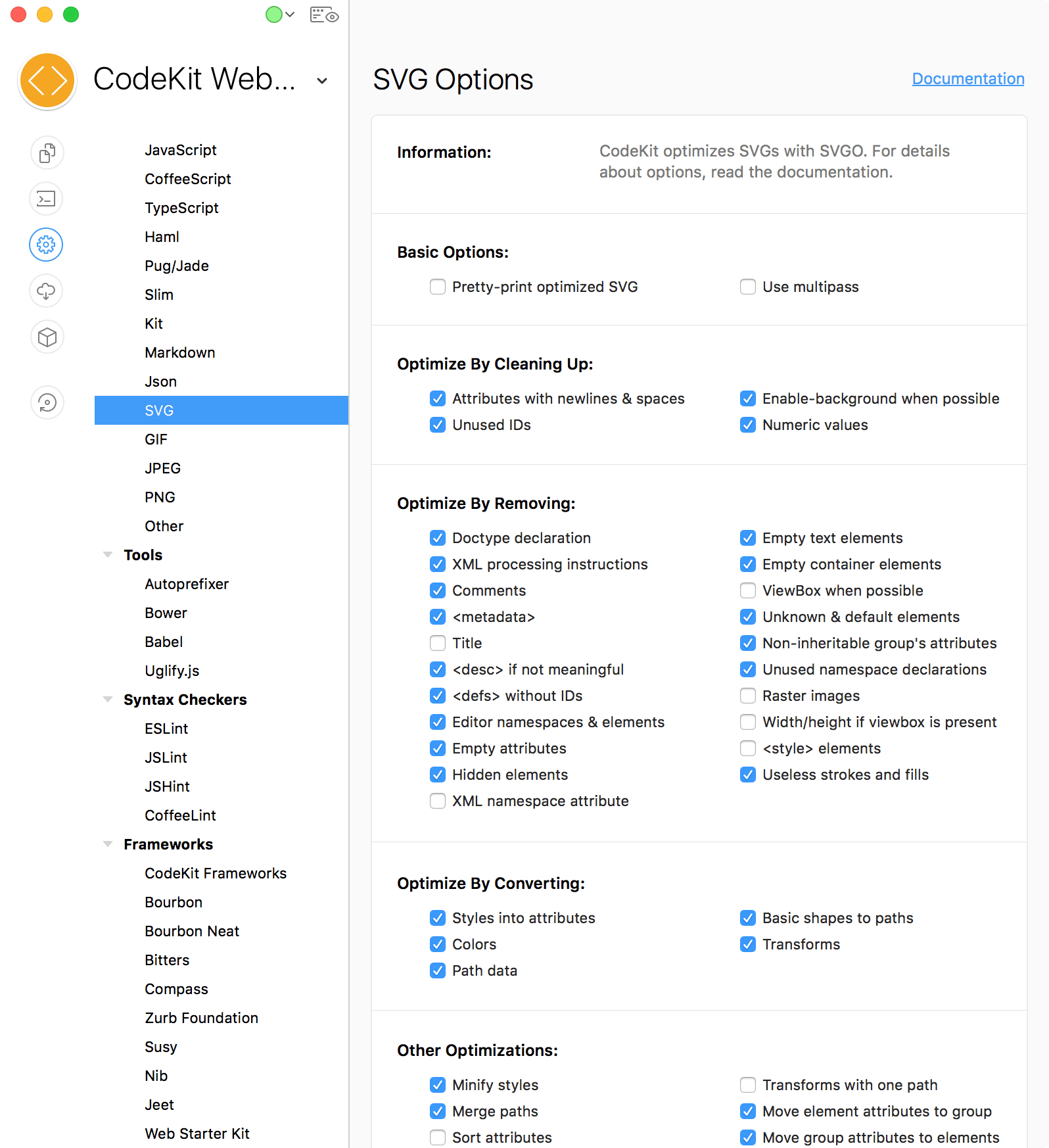 A screenshot of the SVGO project settings pane in the codekit window