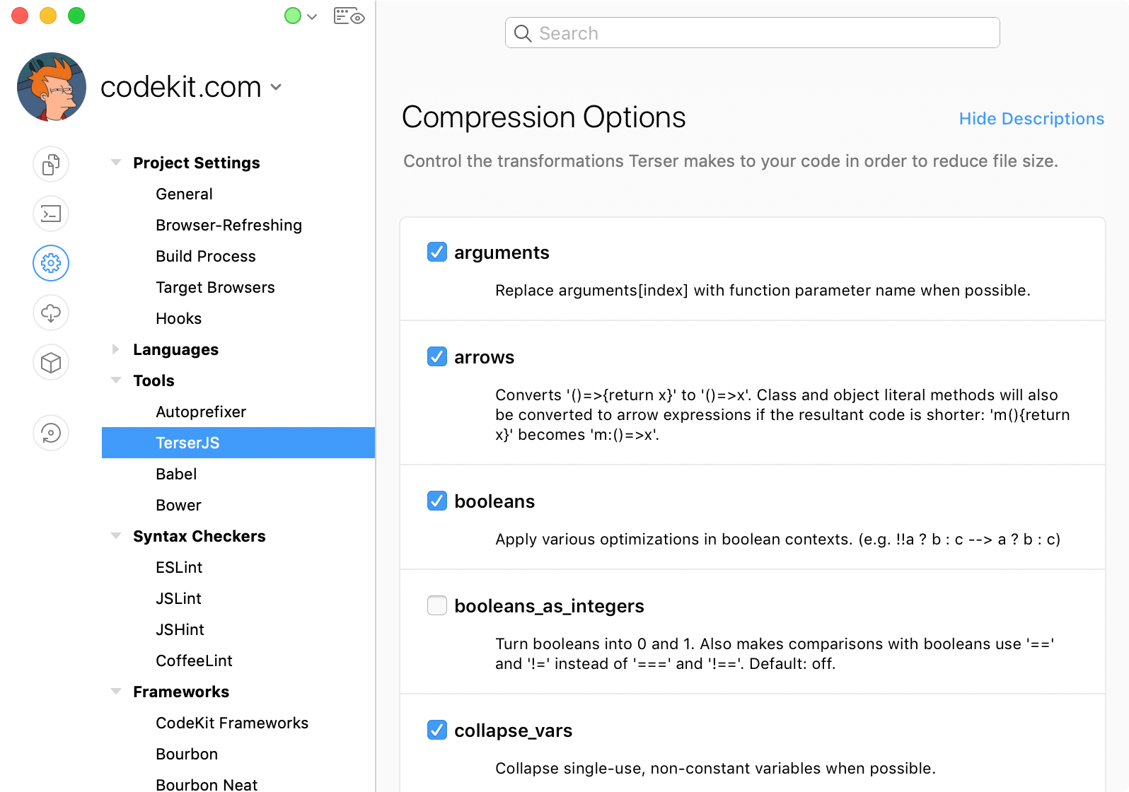 a screenshot of the Terser compression options in the CodeKit Window