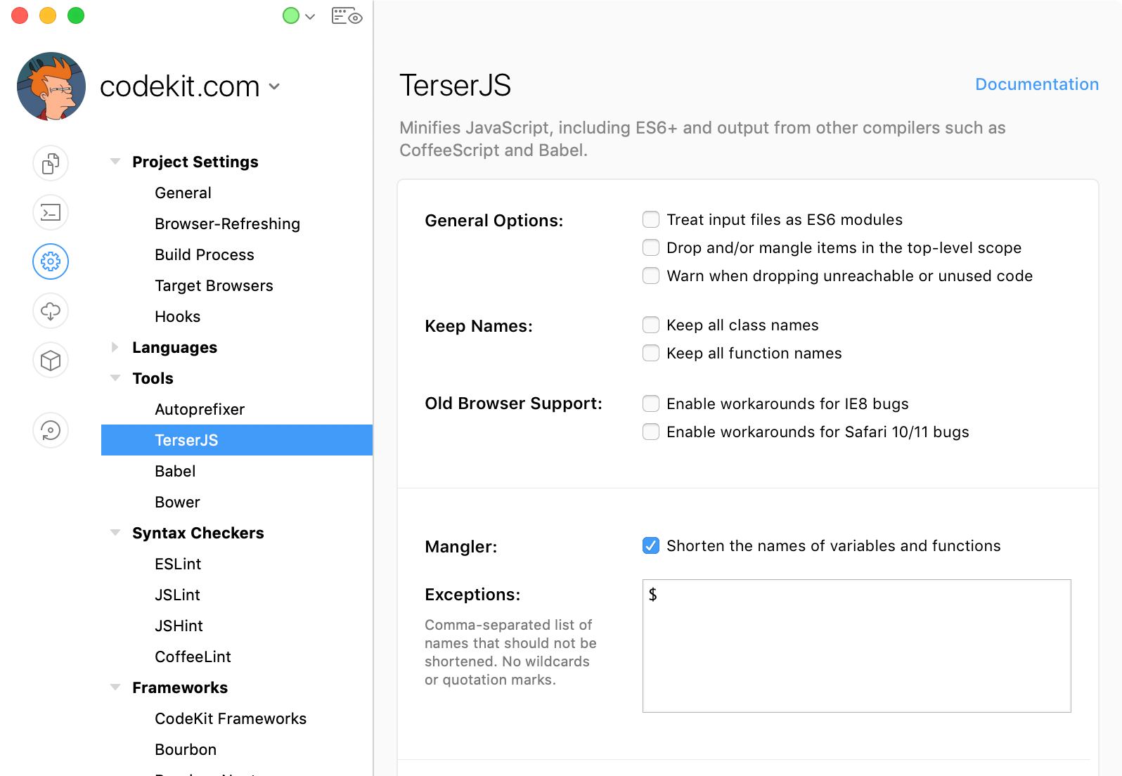 a screenshot of the TerserJS settings in the CodeKit Window