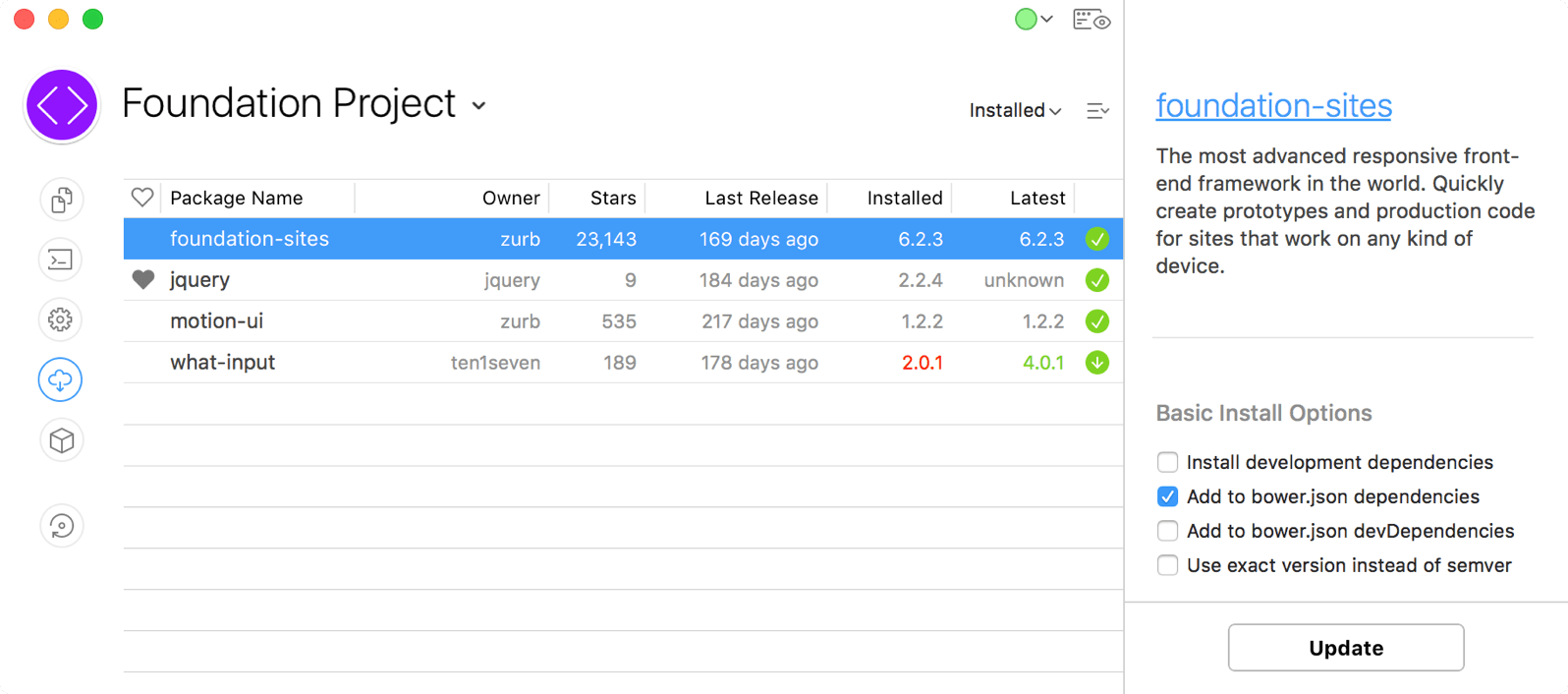 A screenshot of the Assets area in the CodeKit Window showing how to update Foundation