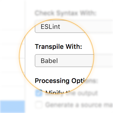 a screenshot of the babel pop up button in the JavaScript file inspector in CodeKit