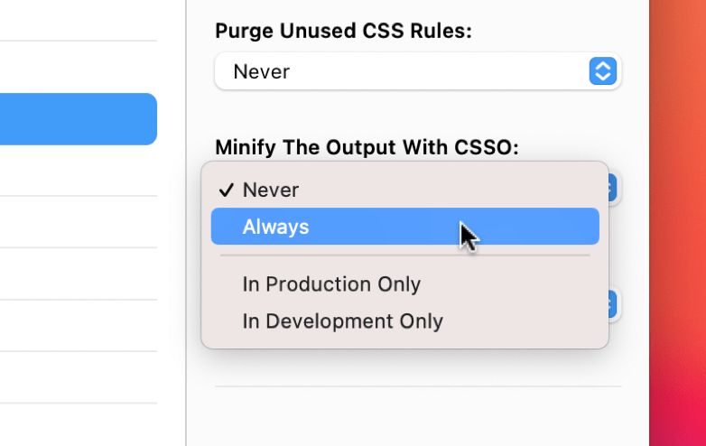 A screenshot of the CSSO pop up button in the CodeKit window.