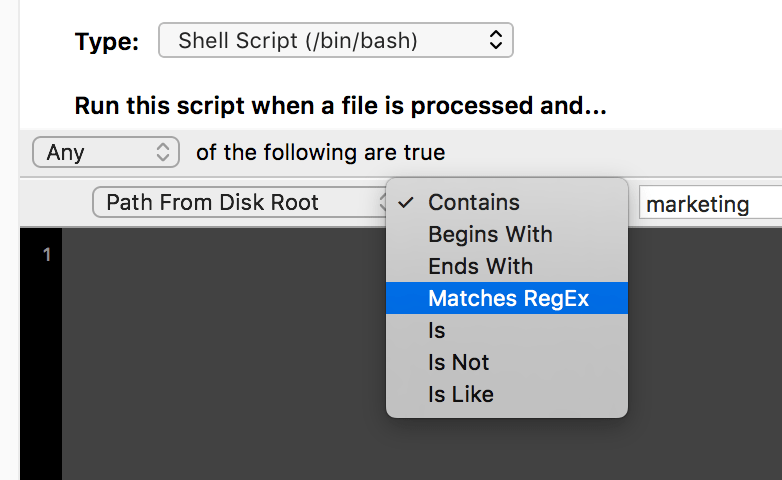 A screenshot of the Hook rule editor options in CodeKit