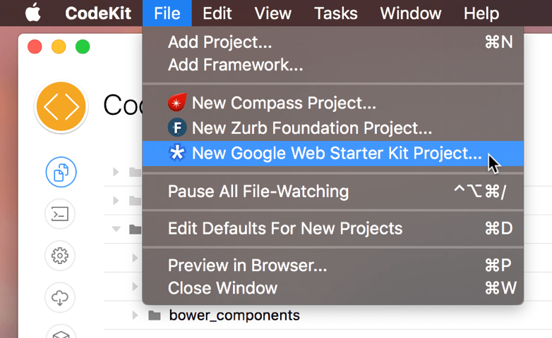 A screenshot of the New Google Web Starter Kit menu command
