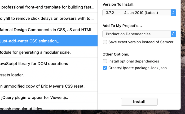 a screenshot of the npm installation options in the CodeKit window.