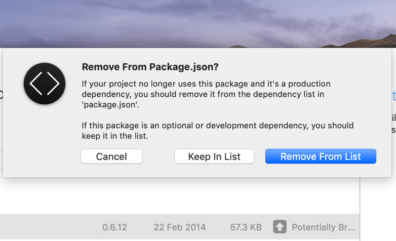 a screenshot of the button to view a changelog for an npm package in CodeKit.