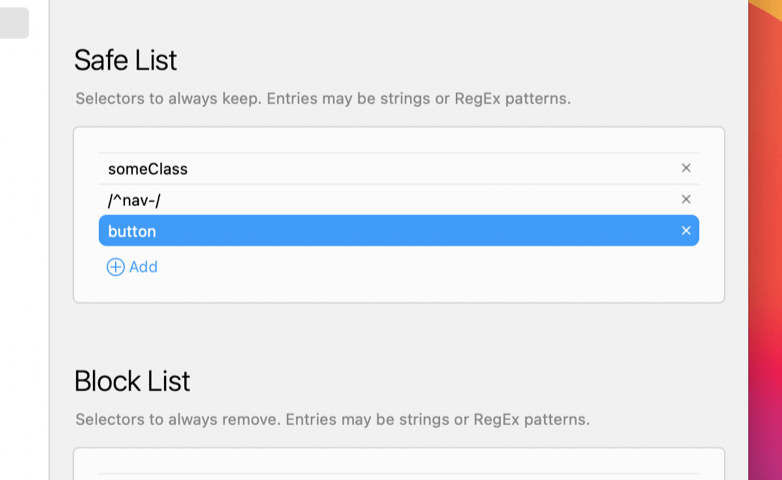 A screenshot of the PurgeCSS safelist in the CodeKit Project Settings window.