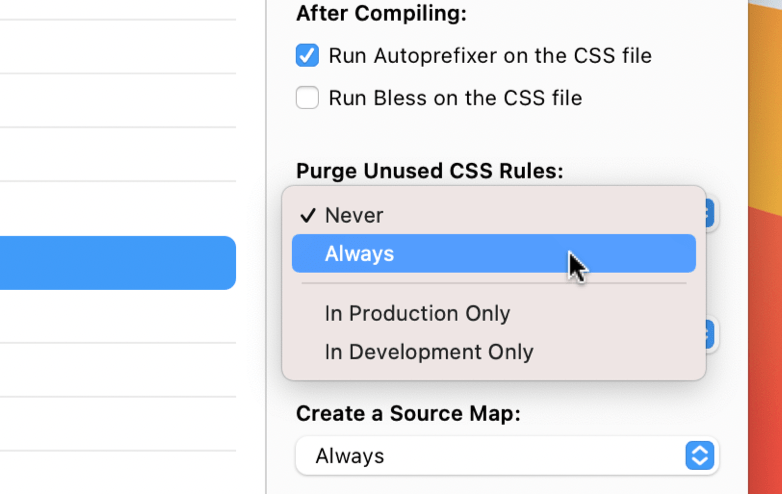 A screenshot of the PurgeCSS pop up button in the CodeKit window.