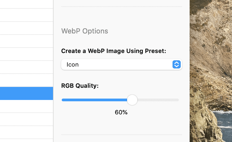 a screenshot of the options to convert a PNG to WebP in CodeKit.