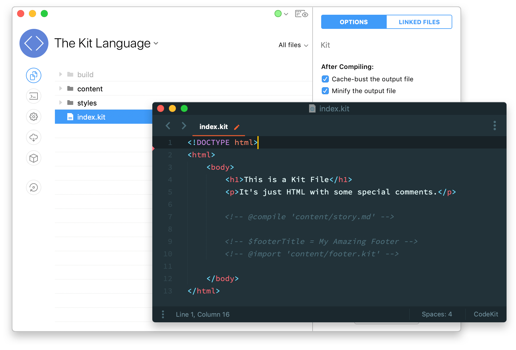 A screenshot of the CodeKit window showing options for compiling a Kit file, alongside a screenshot of a Kit file in a text editor showing that it is just HTML with special comments.