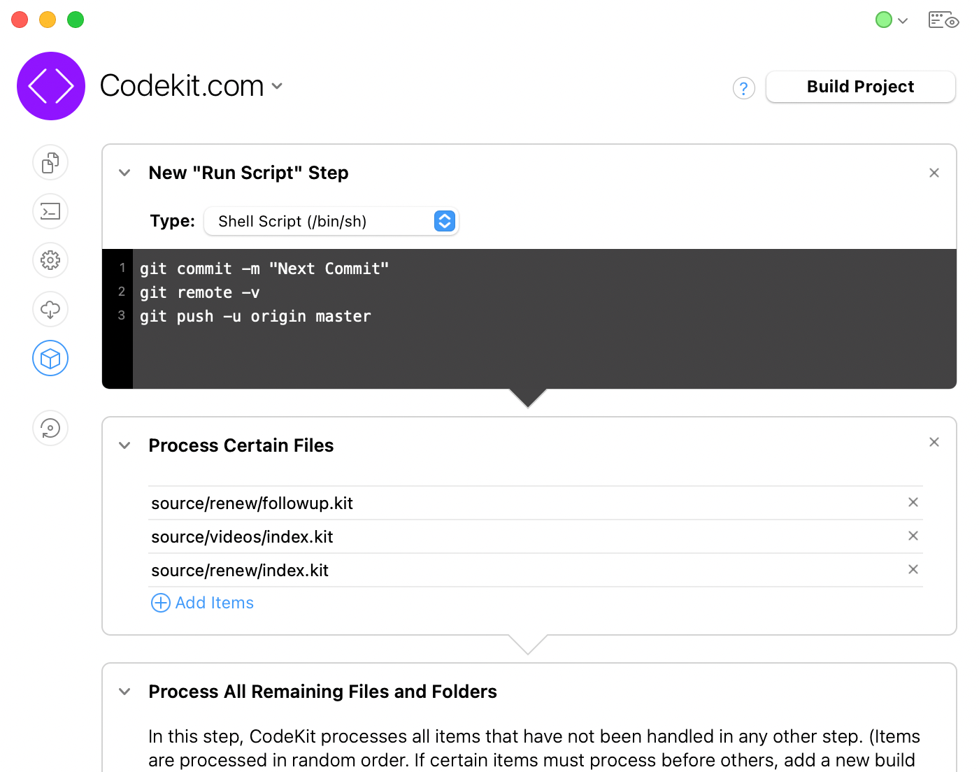 a screenshot of the CodeKit application window showing options for the Build process.
