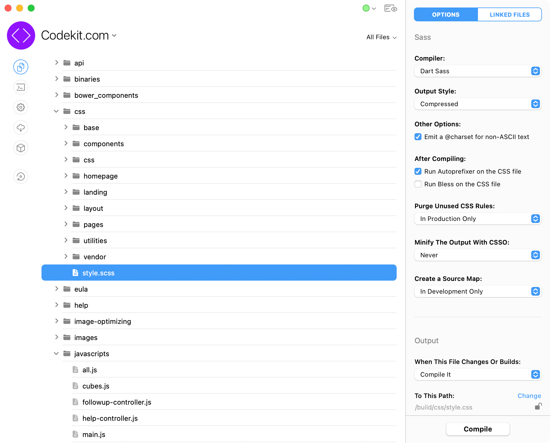 A screenshot of the CodeKit application window showing compiling options for a JavaScript file.