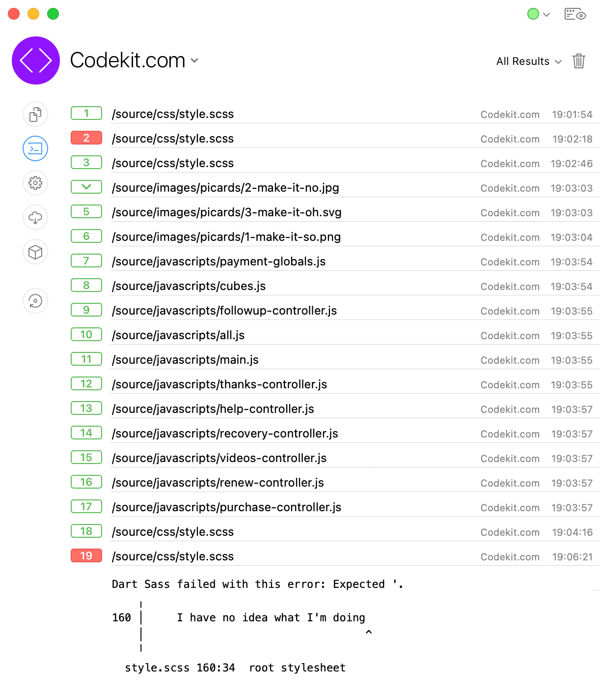 A screenshot of the log view in CodeKit showing JavaScript syntax issues found by ESLint.