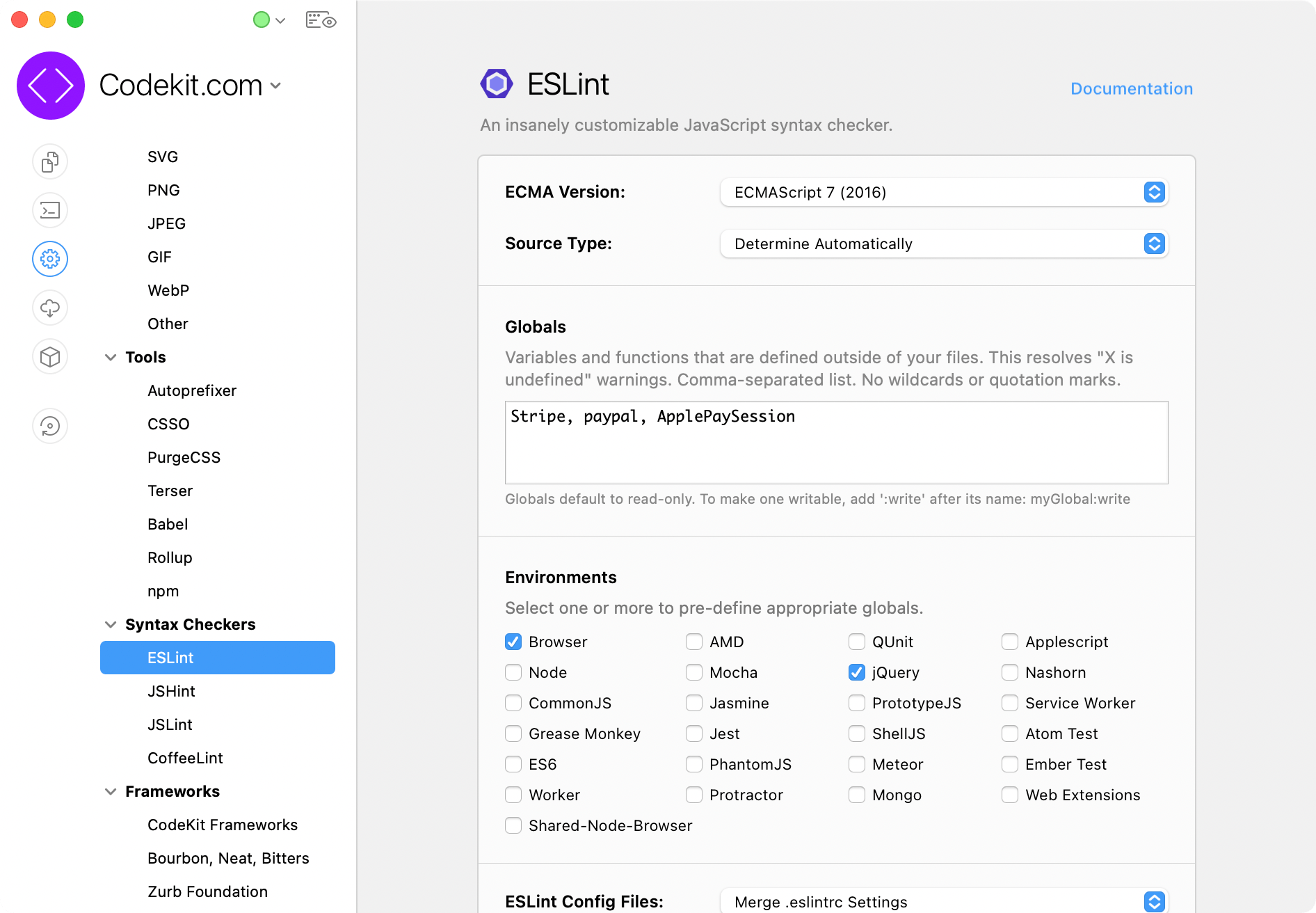 A screenshot of the CodeKit app window showing ESLint settings.
