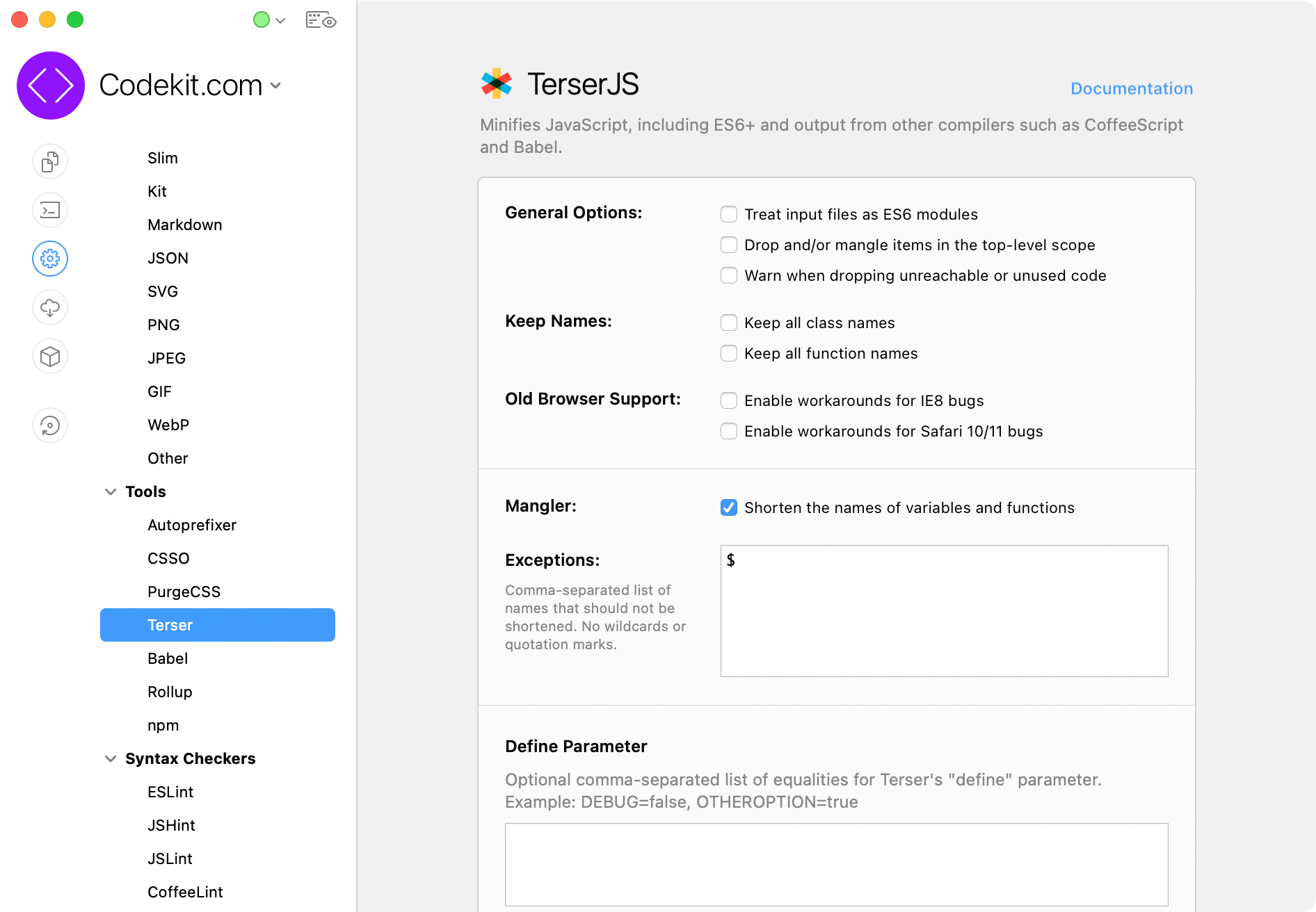 A screenshot of the CodeKit app window showing TerserJS settings.